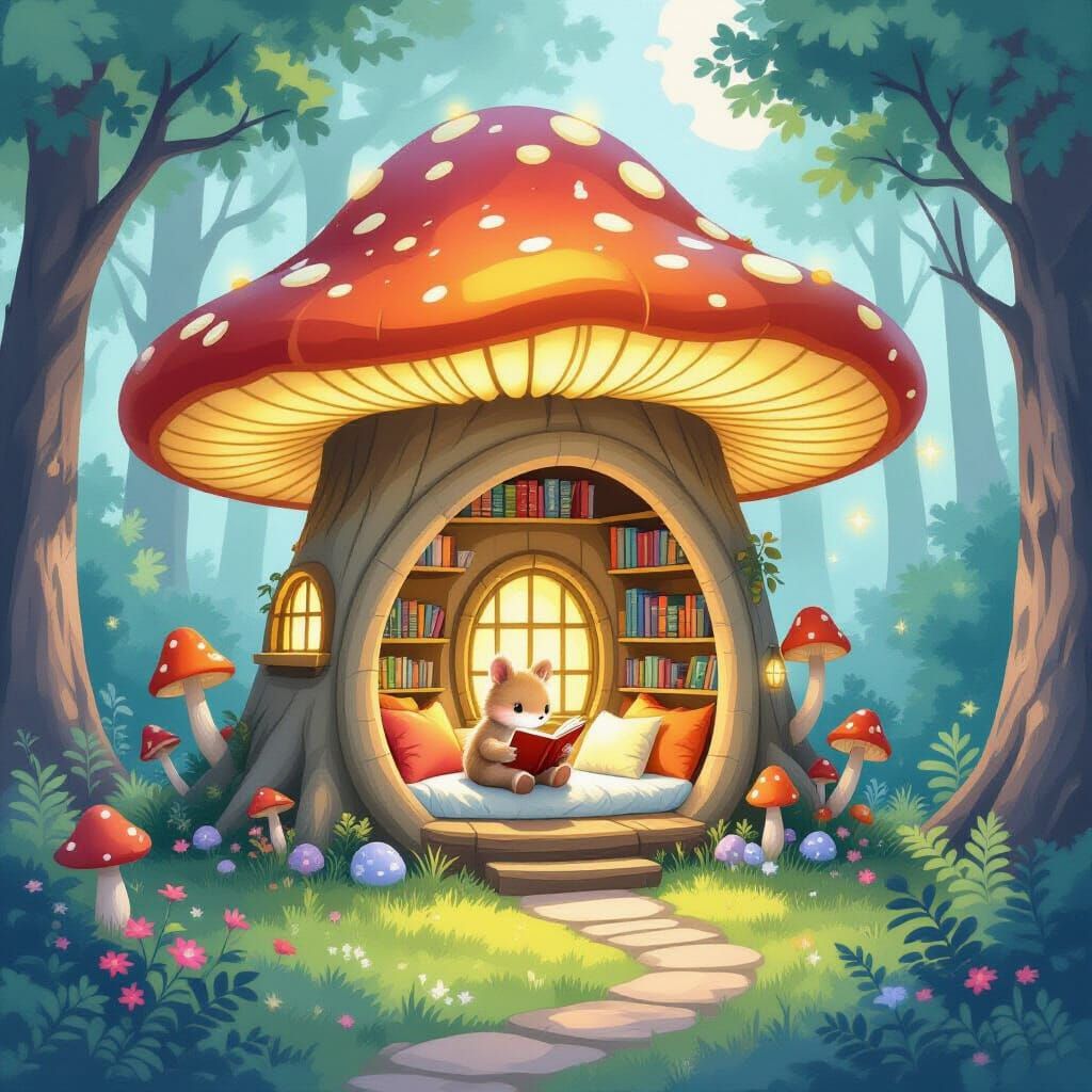 Bioluminescent Mushroom Forest Reading Nook, Watercolor Styl...