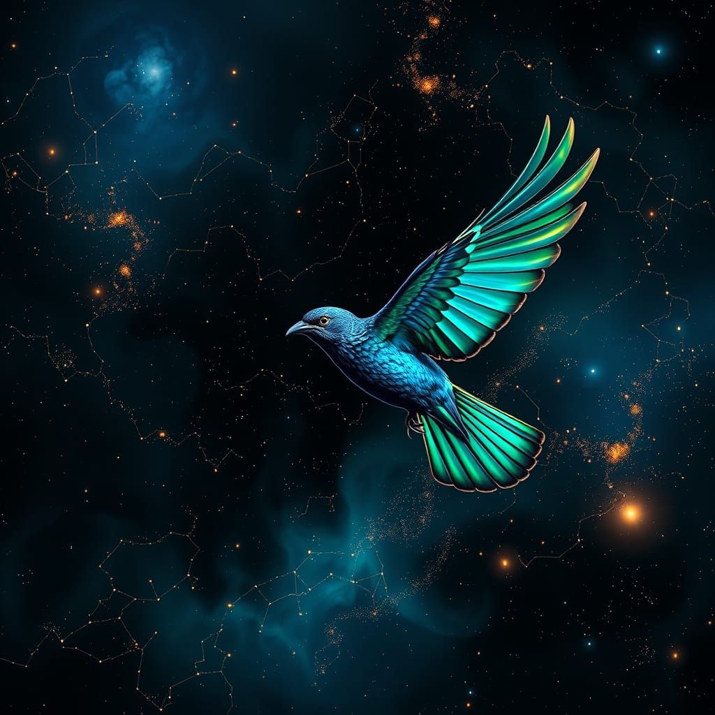 Cosmic Hummingbird Soars Through Starry Expanse in Vibrant I...