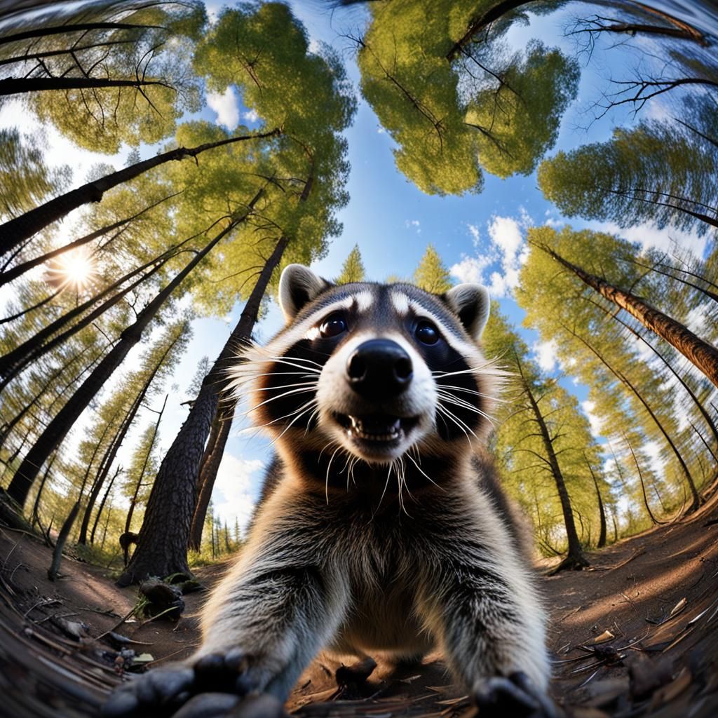 Funny Fisheye View of Raccoon in Forest