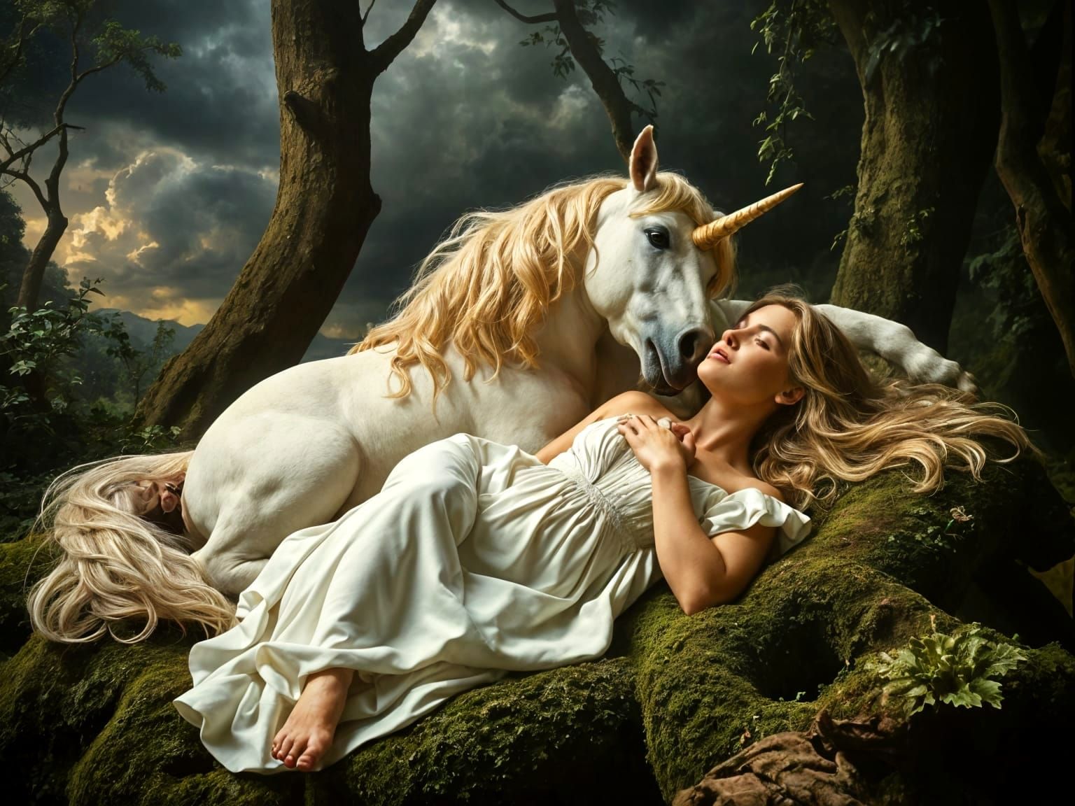 Baroque Princess and Unicorn in Dramatic Forest