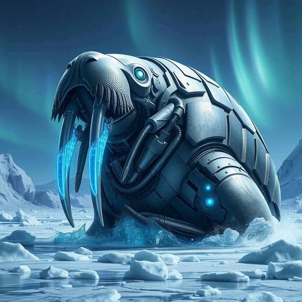 Mechanized Walrus Emerges in Futuristic Arctic Landscape