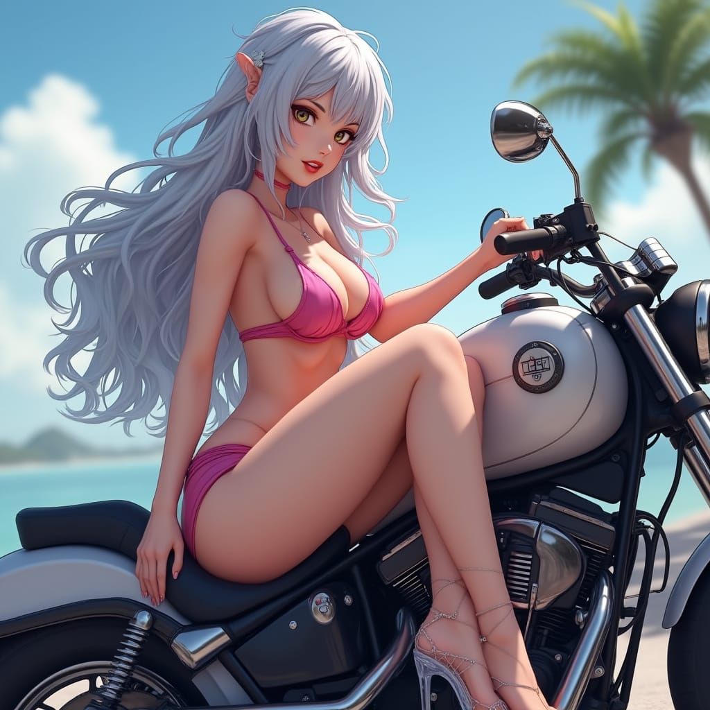 Sultry Silver-Haired Biker Goddess Showcases Elegantly Adorn...