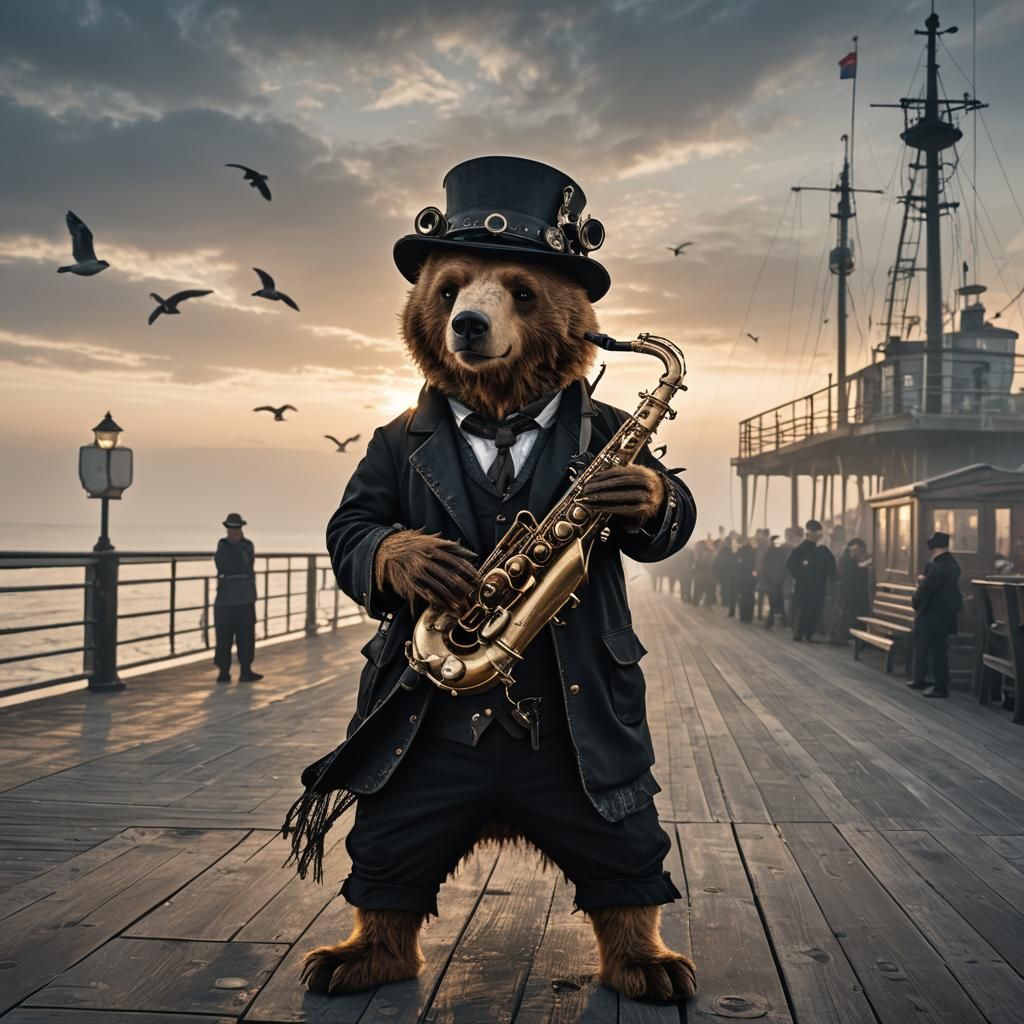 A punk Bear with Steampunk clothing and a black cylinder hat...