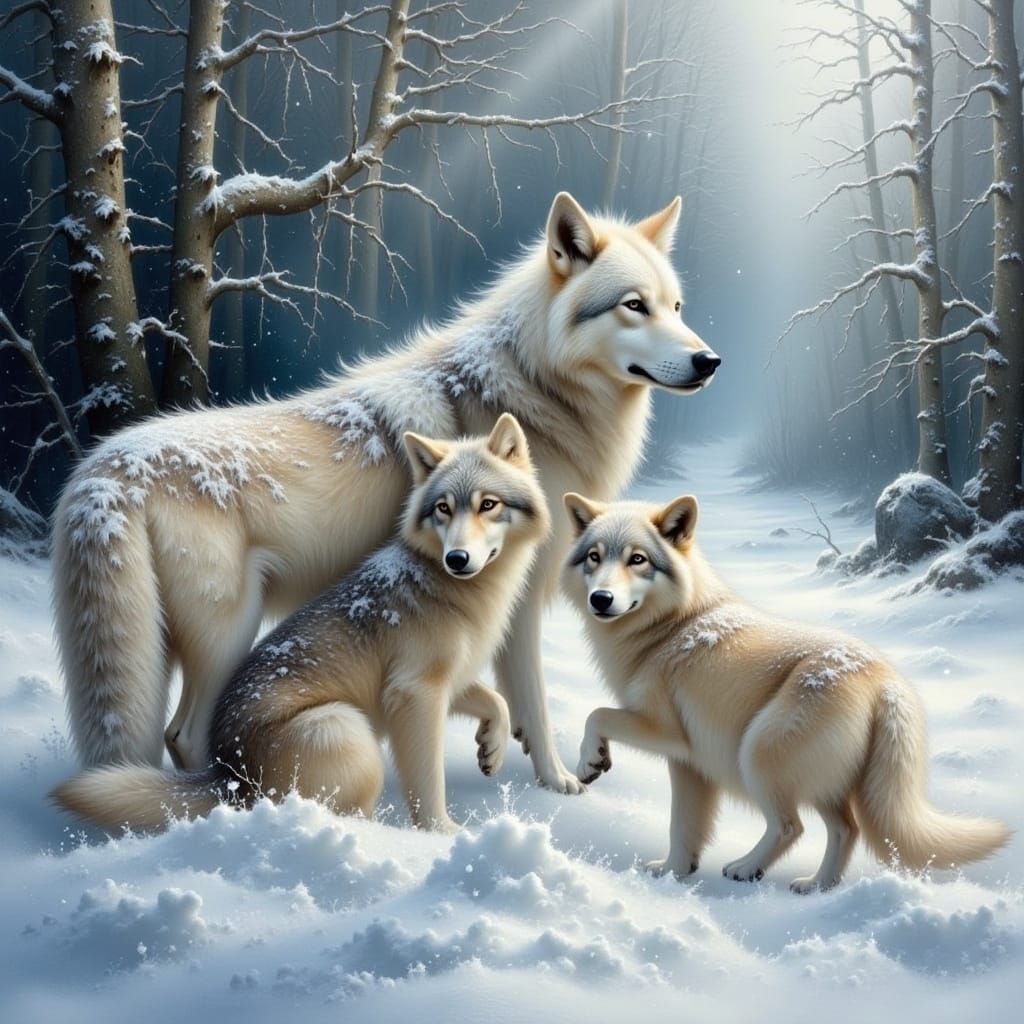 Beautiful Wolf Family in Snowy Winter Landscape
