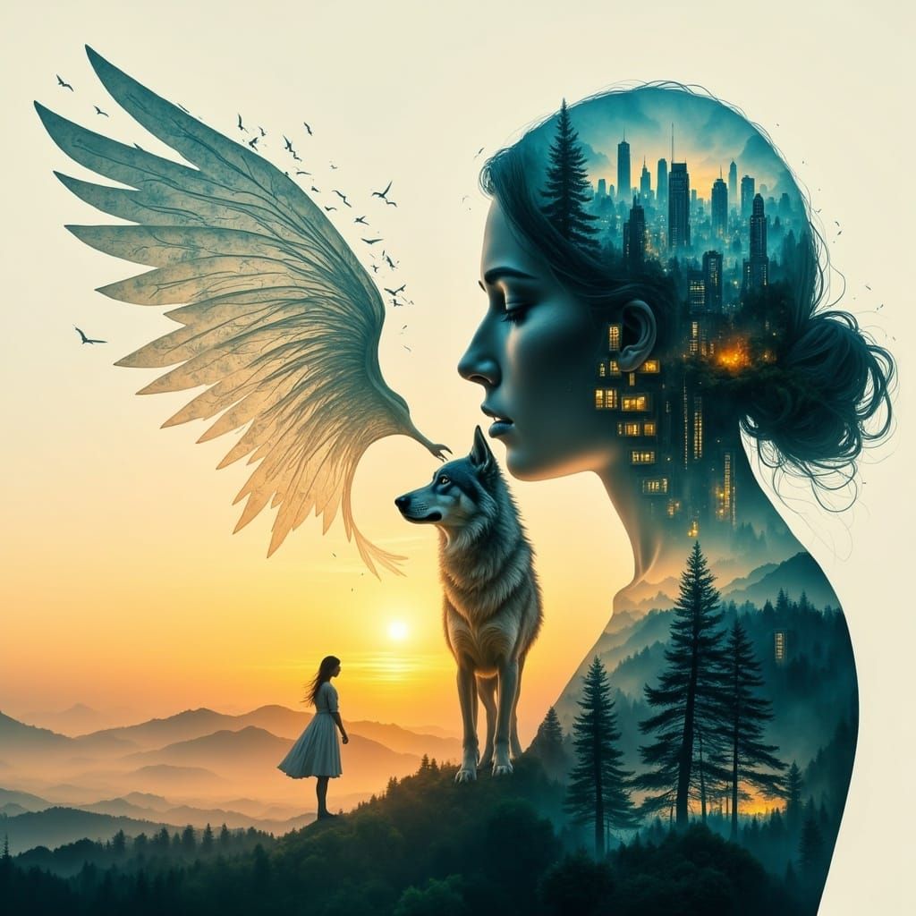 Ethereal Angel in Cityscape, Cyberpunk Dreamscape