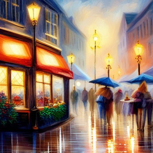Rainy Cafe Scene with Bokeh in Ethereal Style