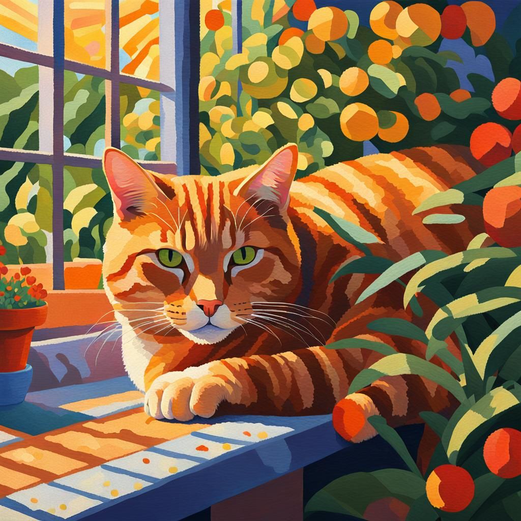 Ginger Cat Sunning: A Pointillist Masterpiece