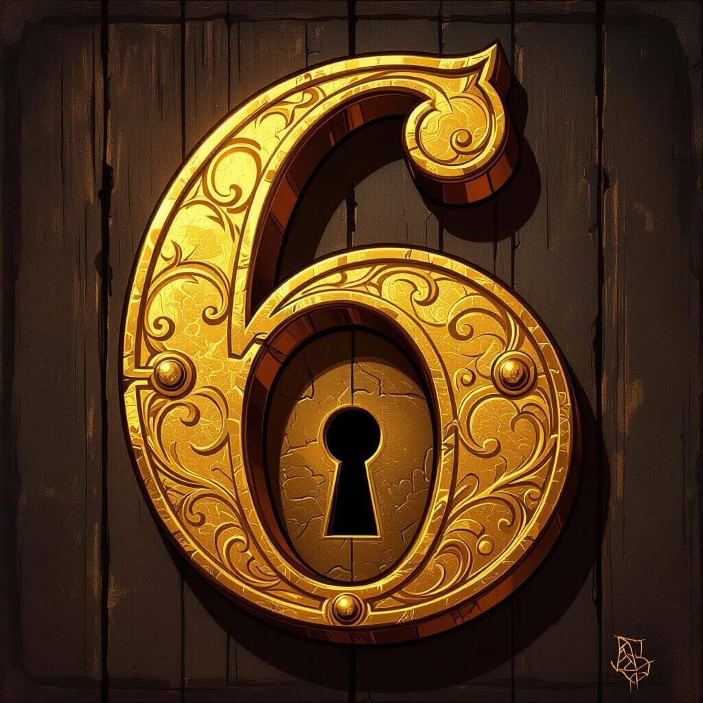 Stylized Number 6 as Antique Treasure Chest Lock