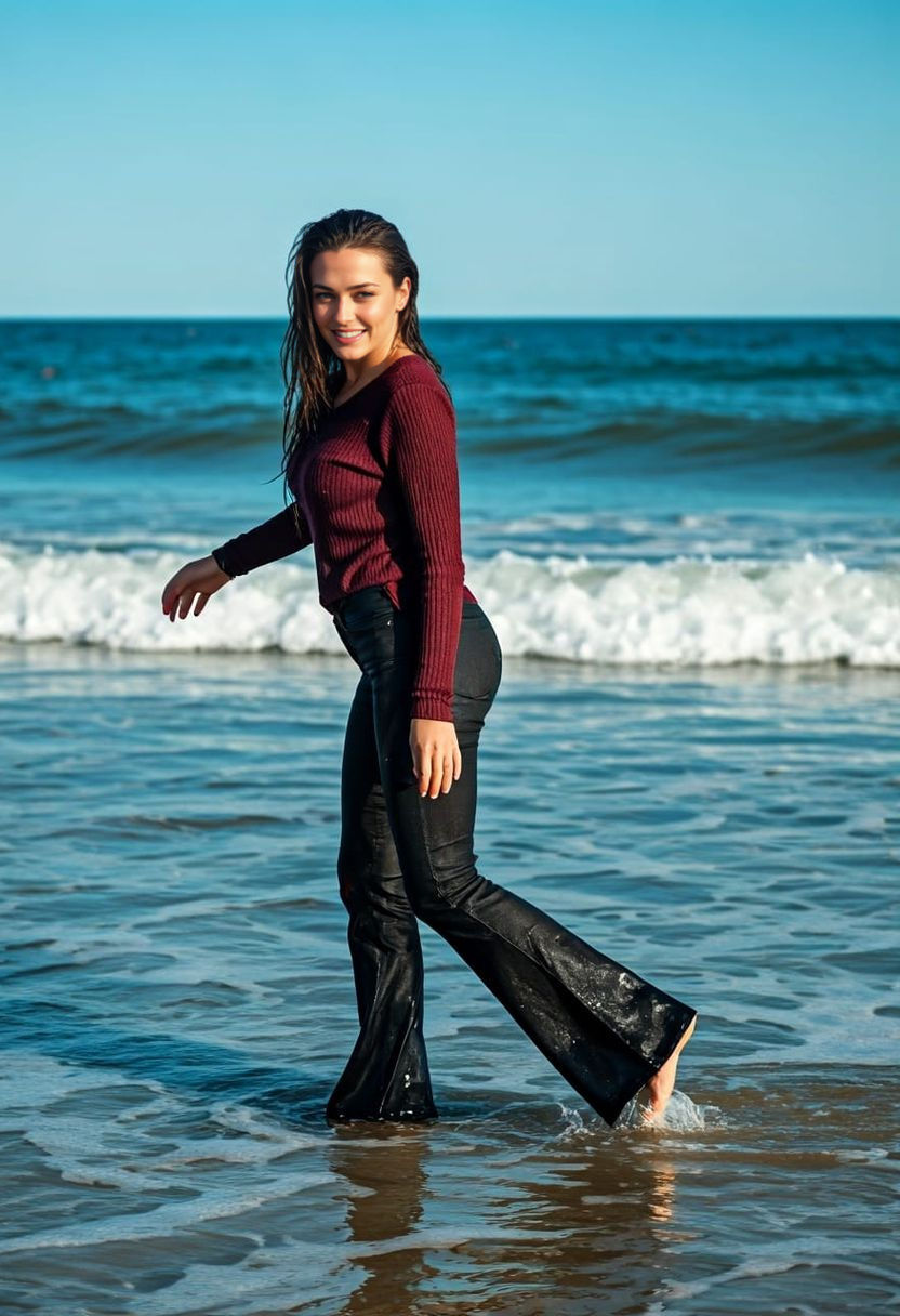 Brunette Woman Wading in Surf on Sunny Afternoon