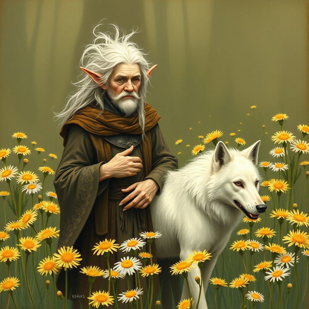 Elf and Wolf Dog in Dandelion Field