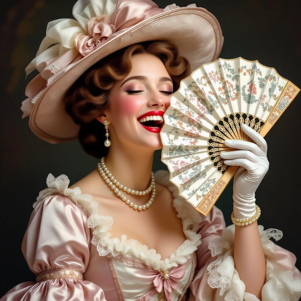 Woman in 1750s Gown Laughing with Fan