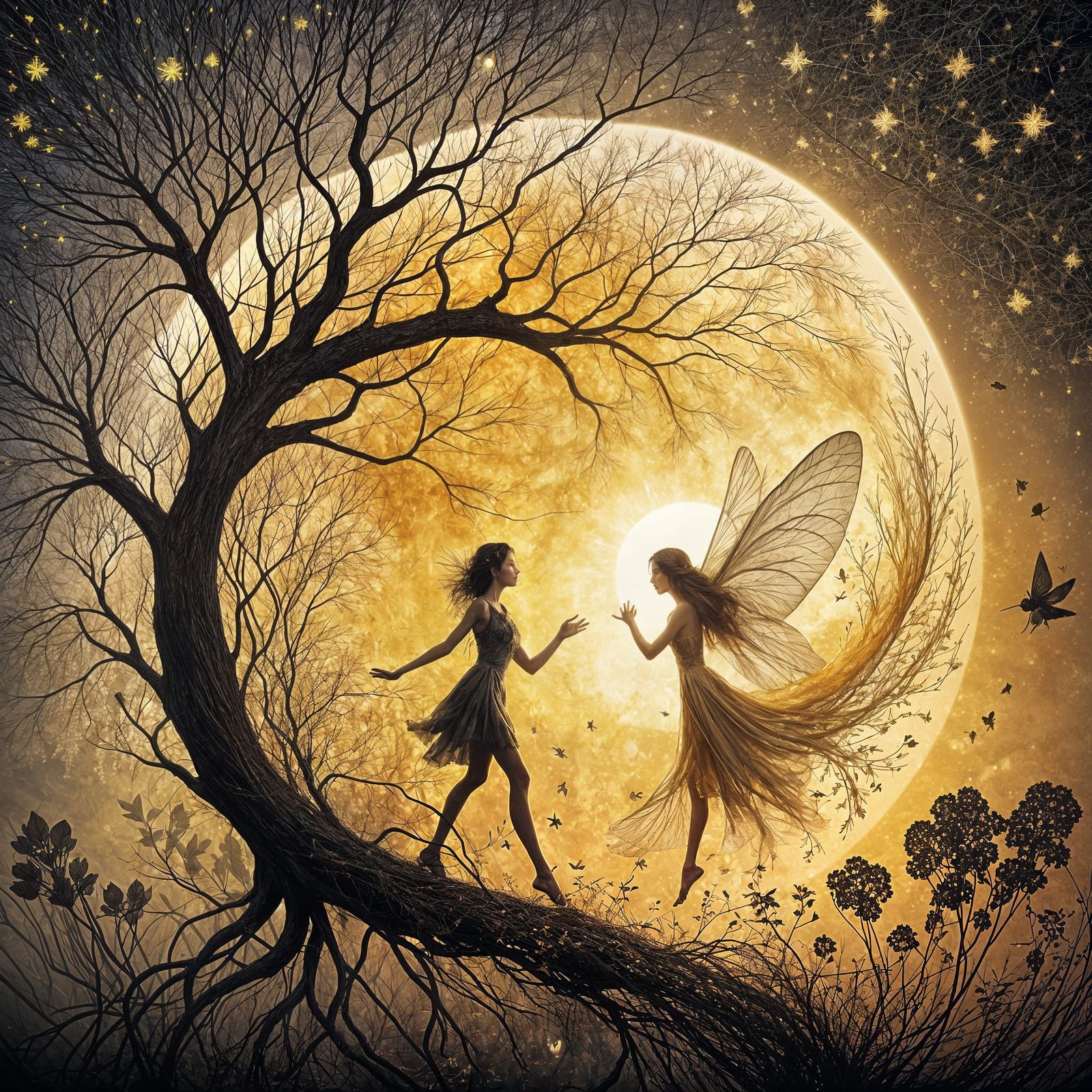 Surreal Encounter of Light and Shadow in Whimsical Illustrat...