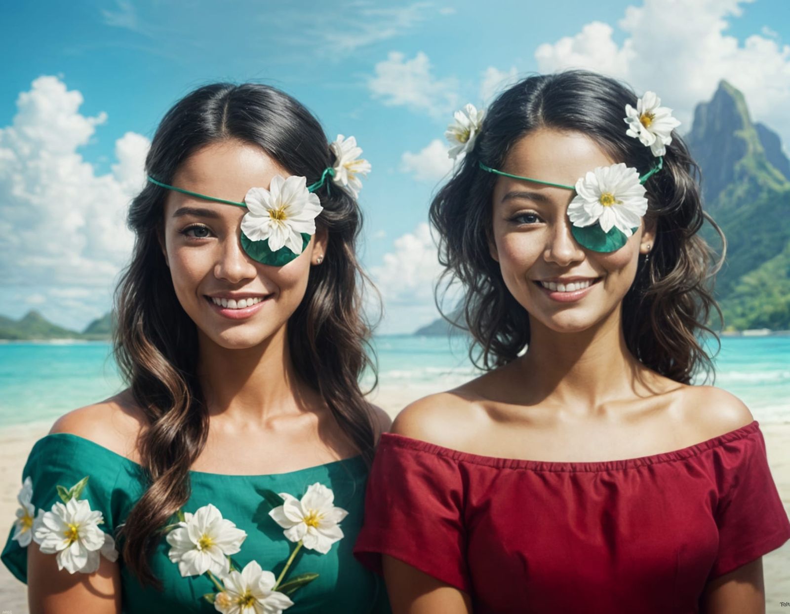 Polynesian Twin Sisters Portrait in Oil Painting Style