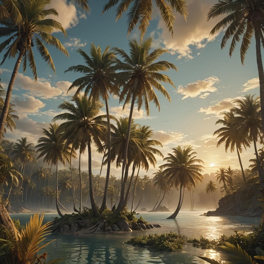 Fantasy Isle Palm Trees in Digital Matte Painting