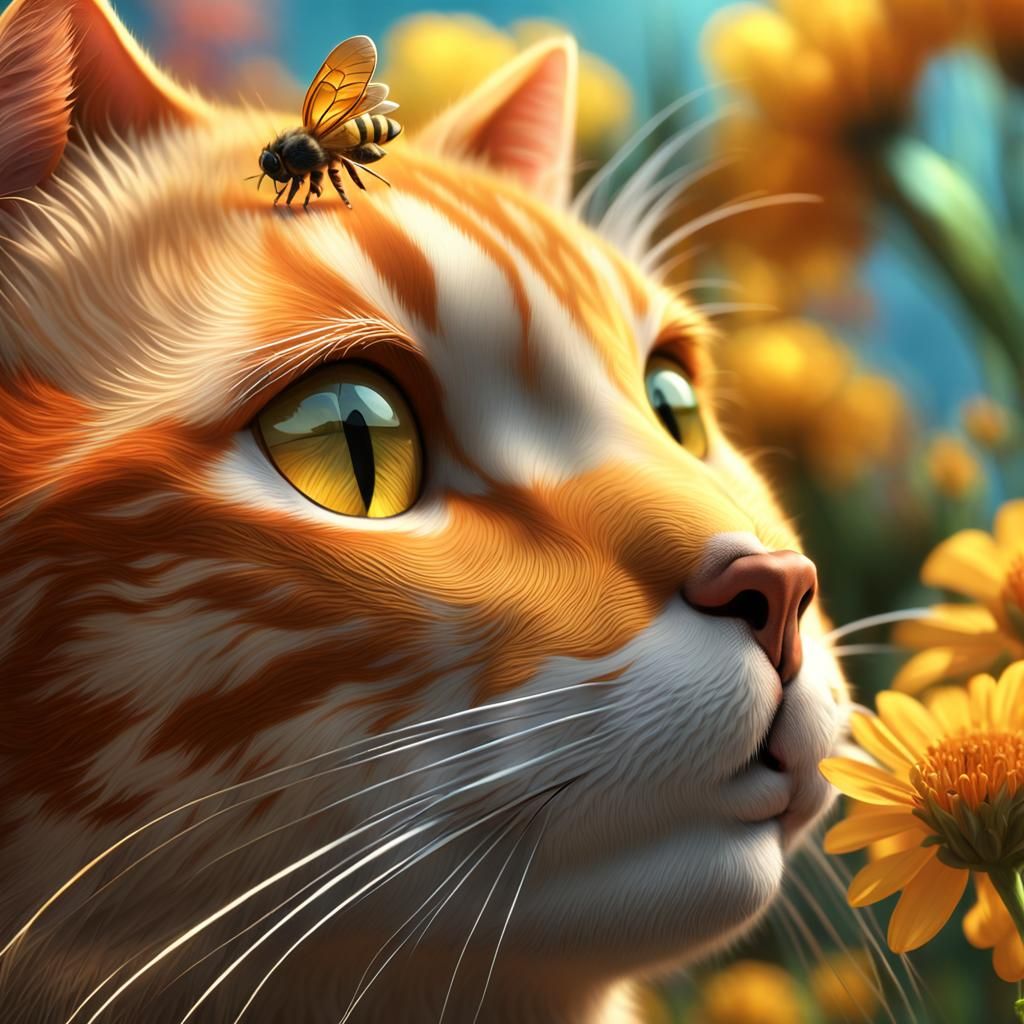 Ginger Cat with Bee: Hyperrealistic 8k Concept Art