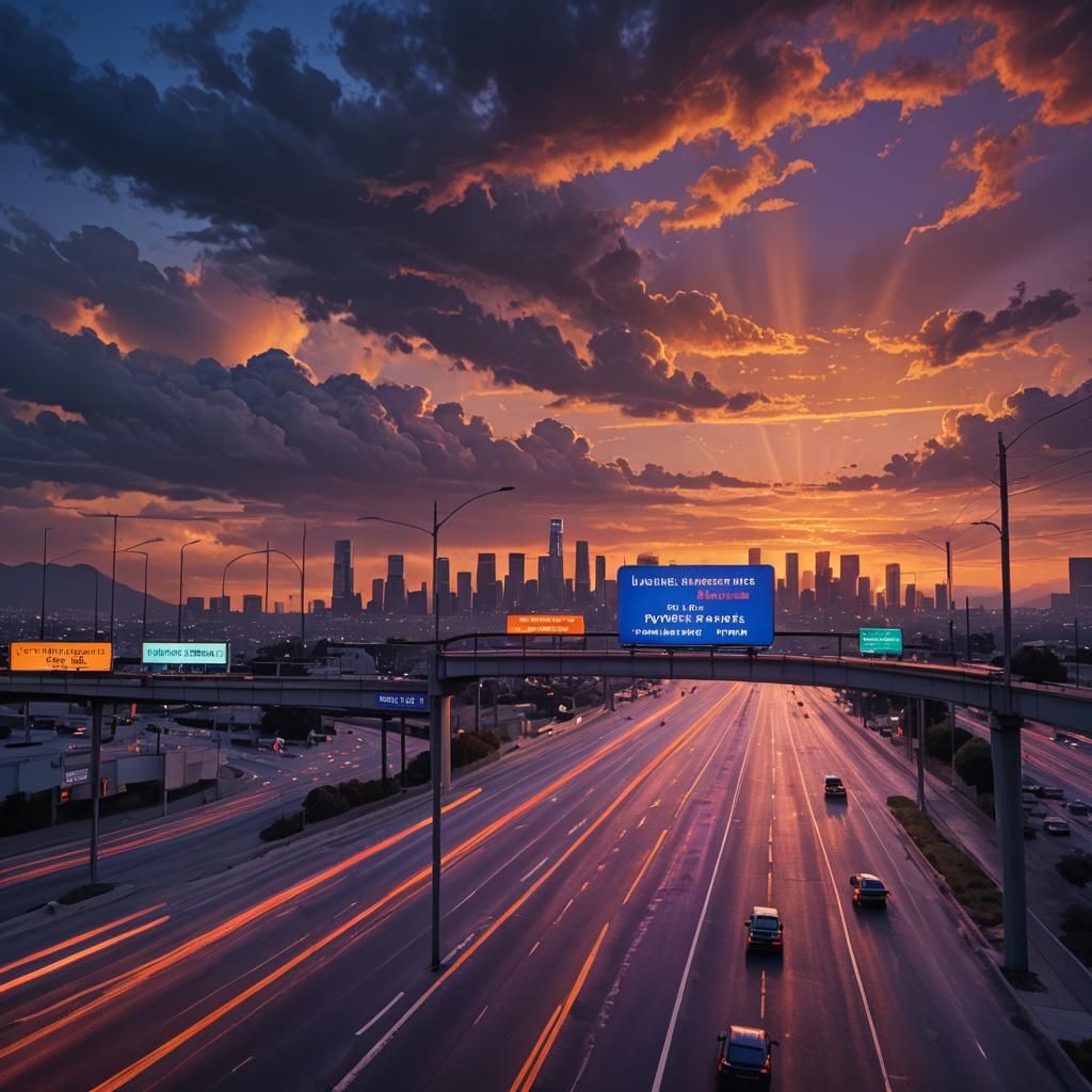 Los Angeles Highway Sign at Sunset in Fantasy Style