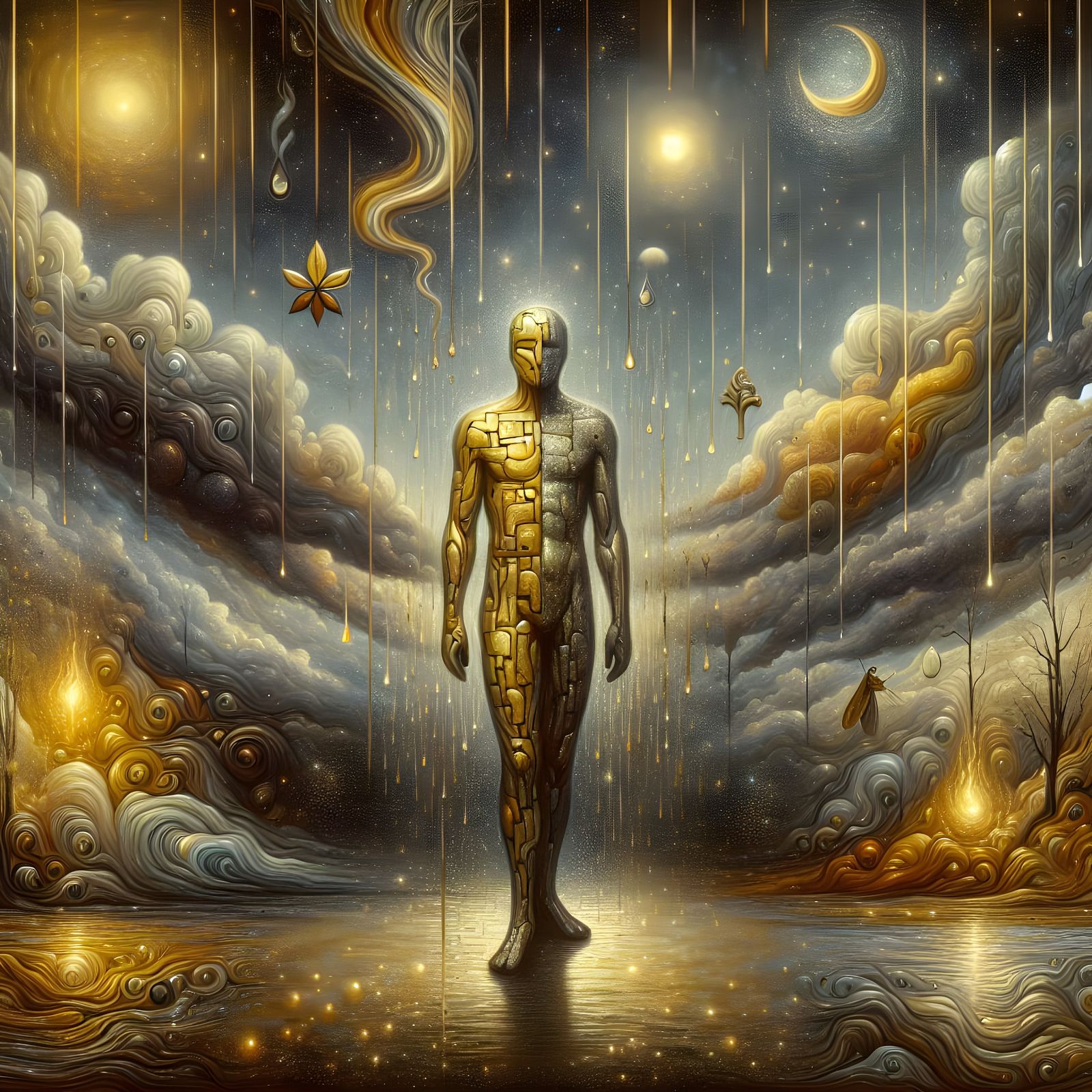Golden Entity Amidst Whispers of Rain