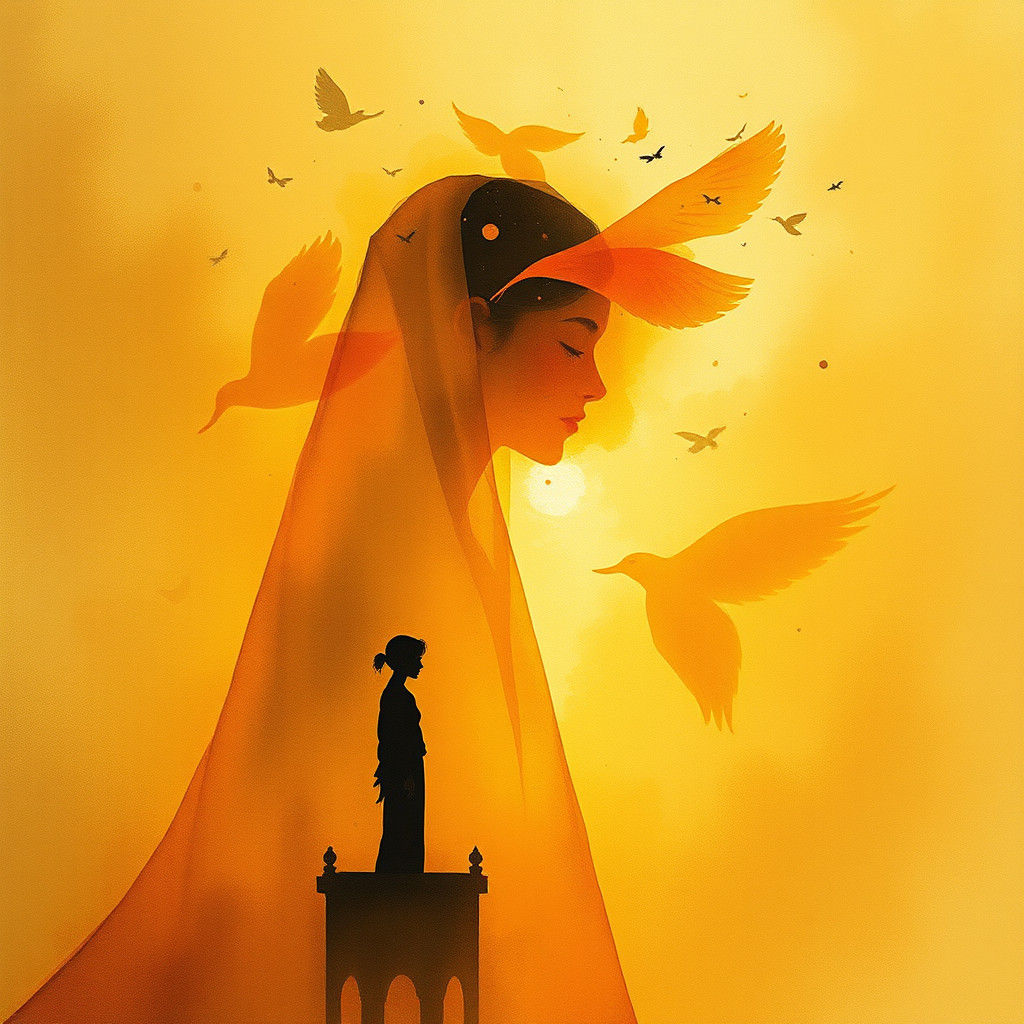 Golden Figure in Watercolor Dreamscape of Memories