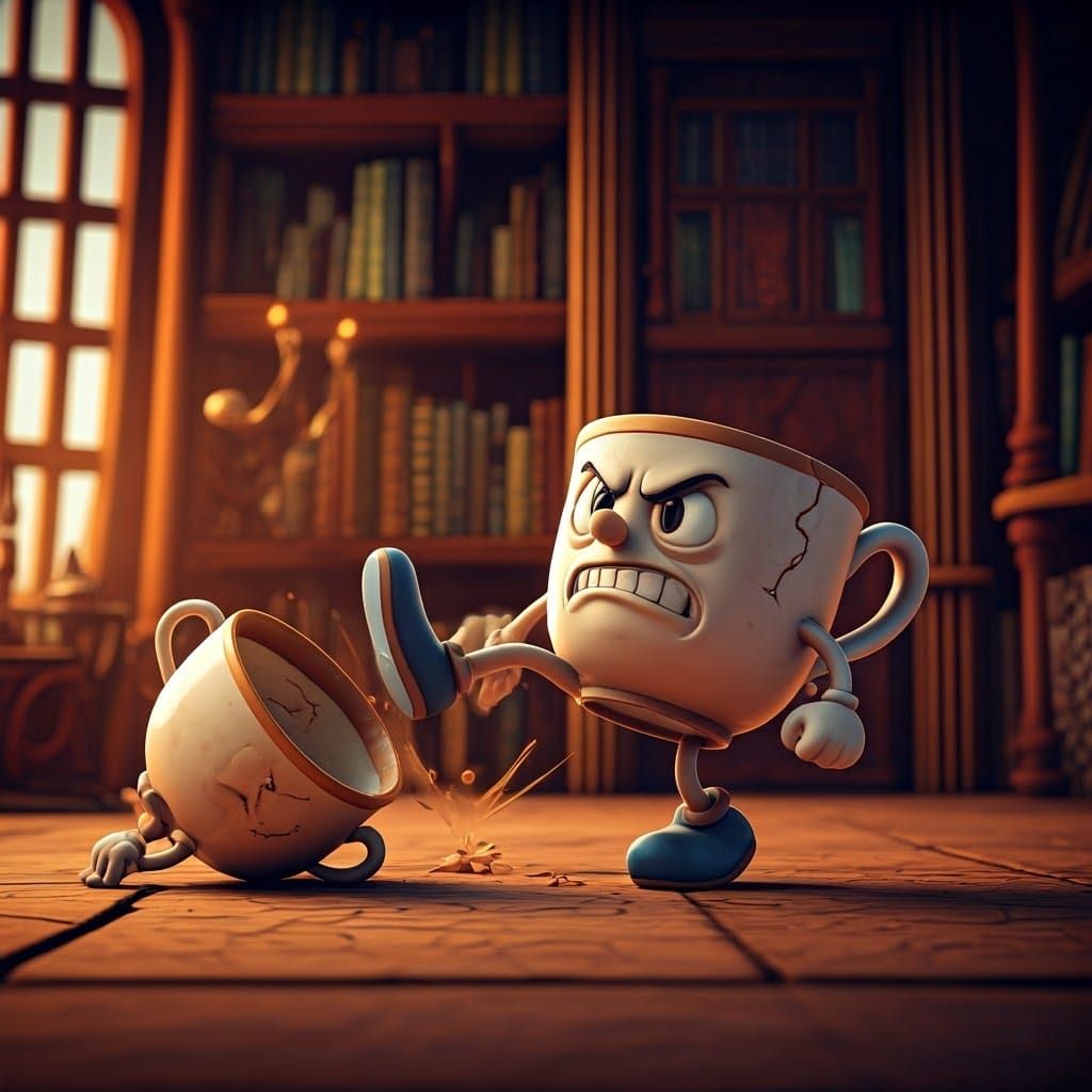 Angry Teacup Kicks Friend in Whimsical 3D Scene