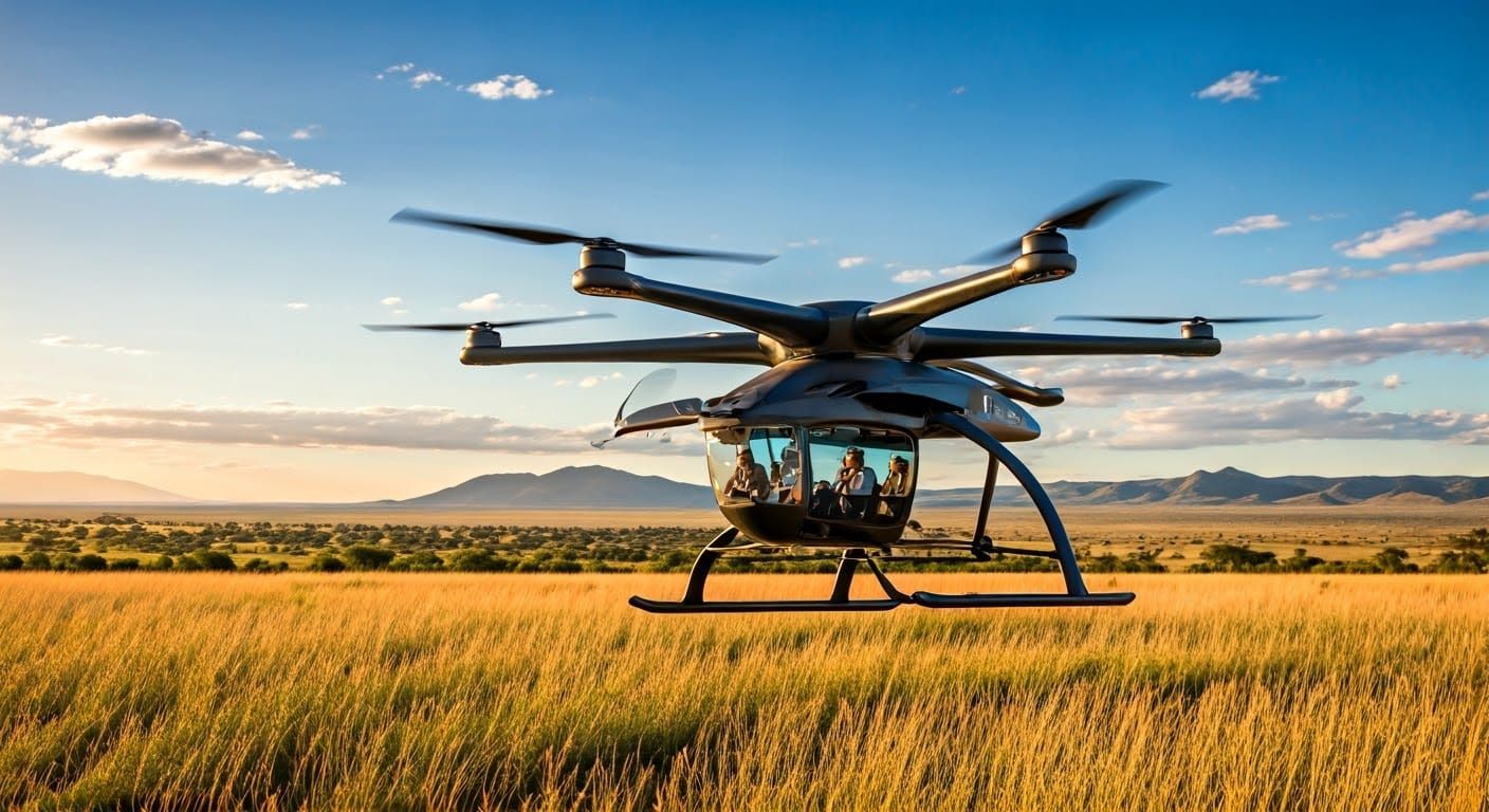 Giant Flying Transport Over African Savannah in Futuristic S...