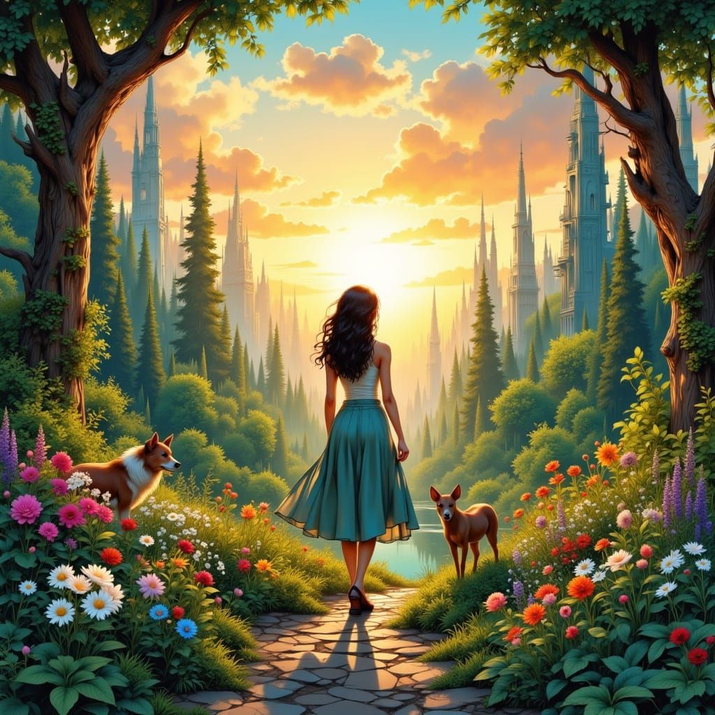 Vibrant Eco-City Garden with Animals, Ghibli Style