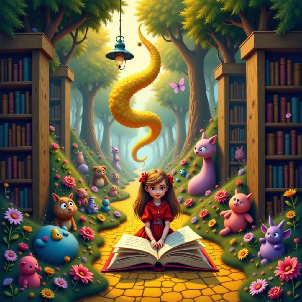 In a library a little girl reads a book about Wonderland whi...