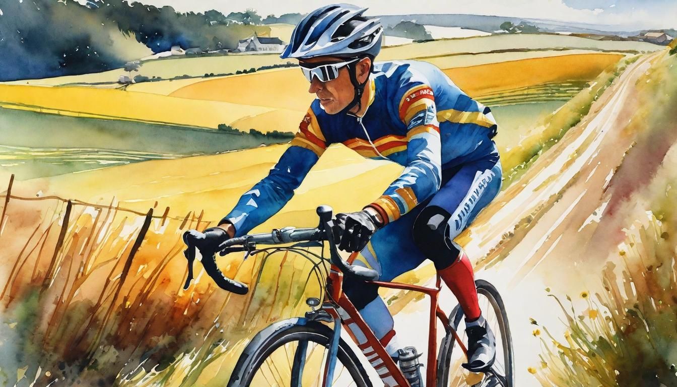 Watercolor Bicycle Rider in Summer Landscape