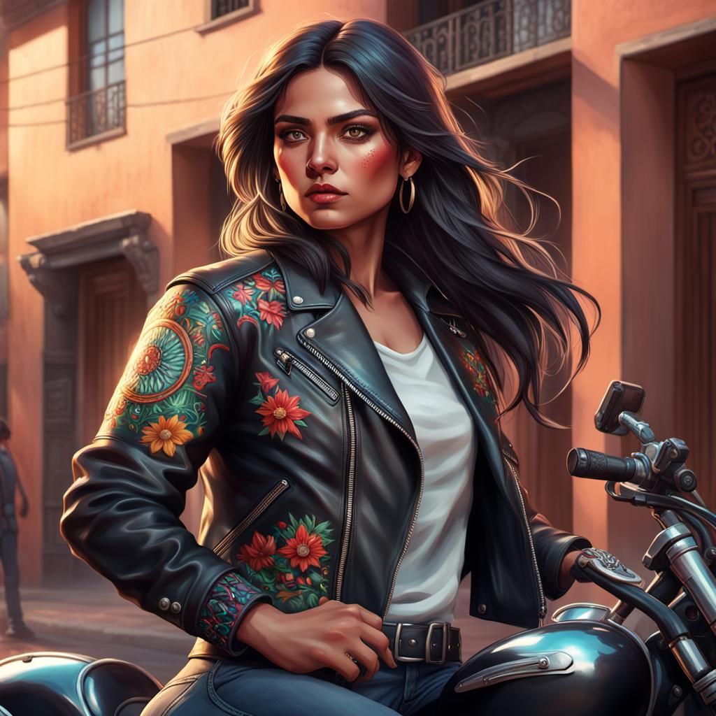 Mexican Woman in Biker Jacket, Detailed Portrait