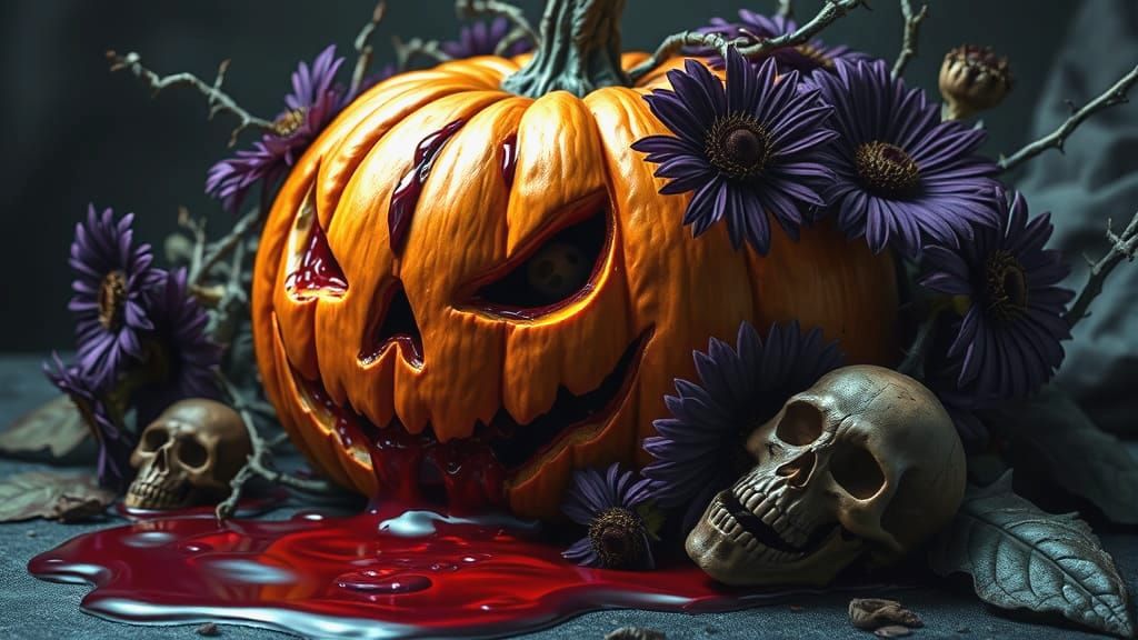 Horror Pumpkin With Skulls and Eyeball Daisies