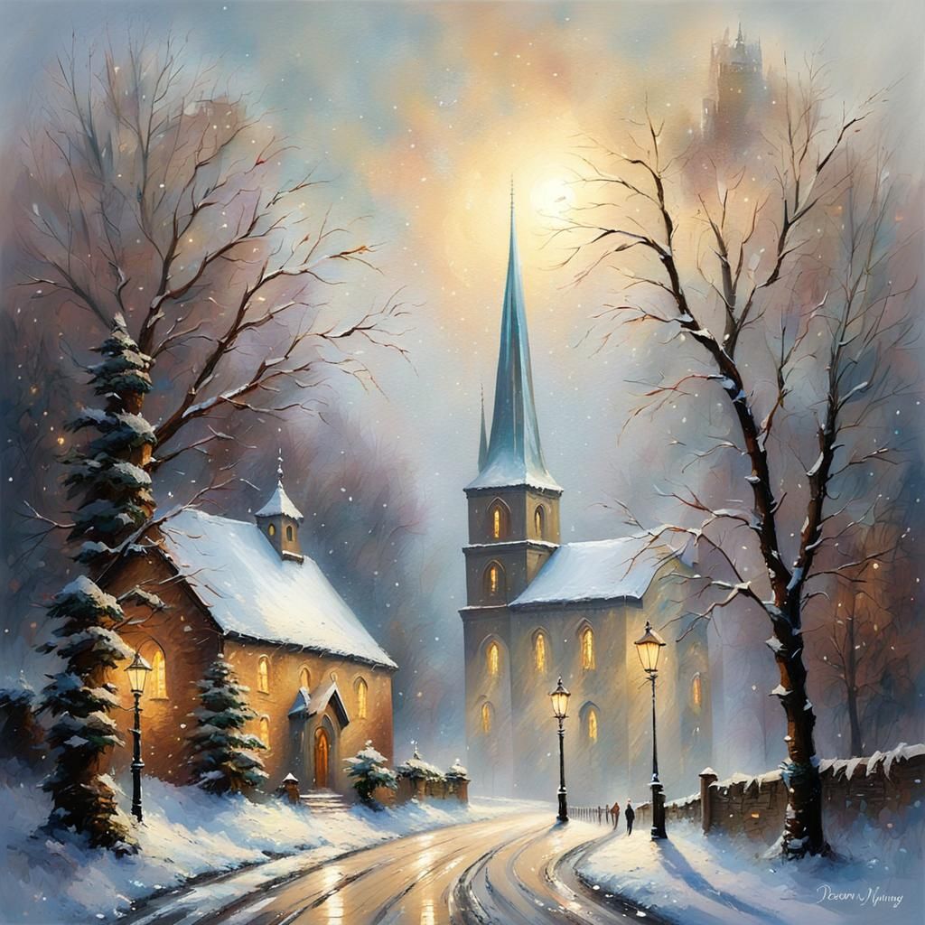 Ethereal Winter Village: Impasto Dreamscape