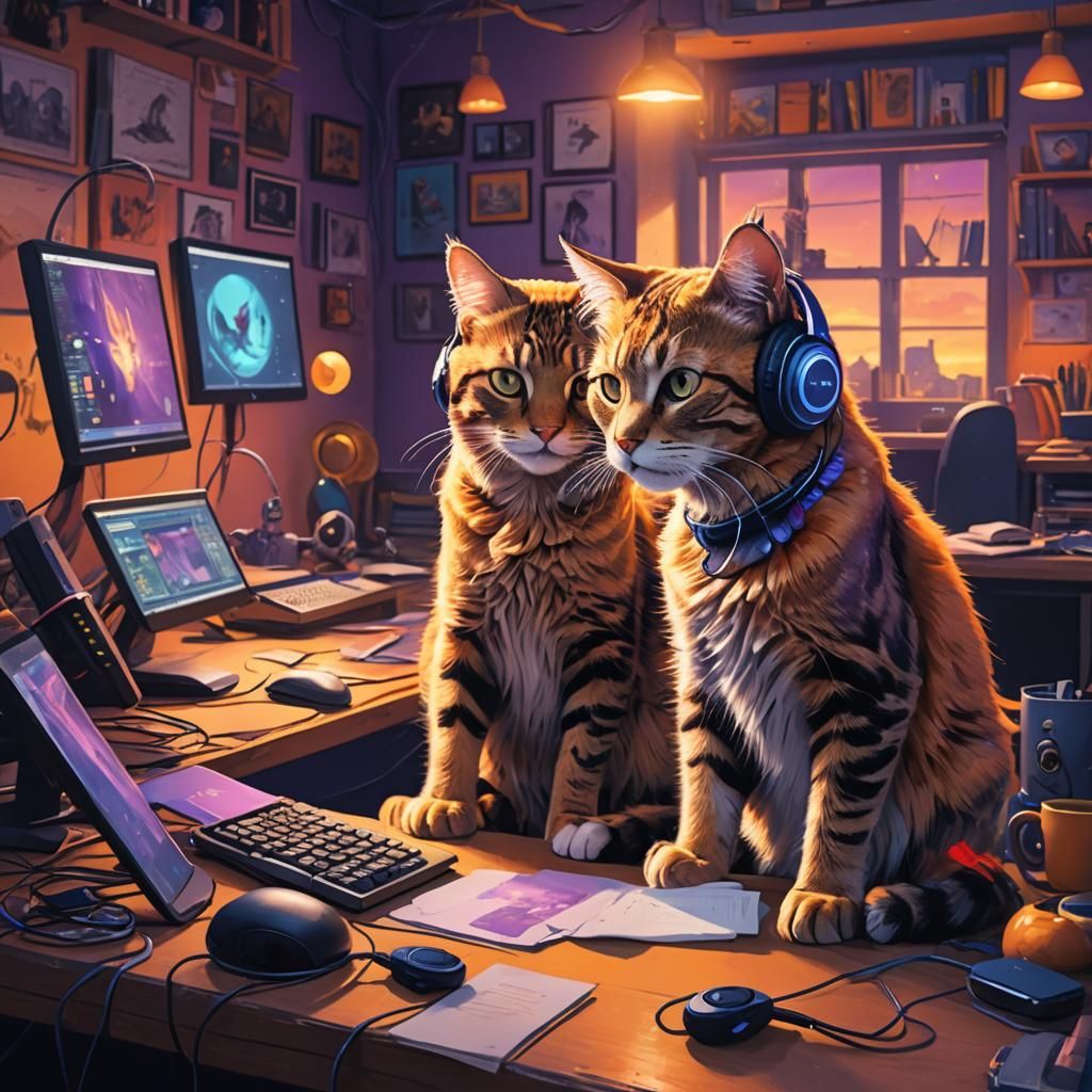 Cats Gaming in Dreamlike Digital Matte Painting