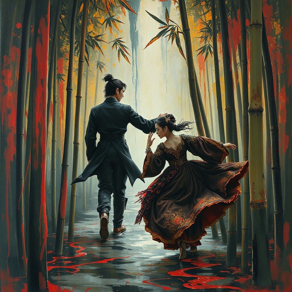 Wuxia Vampires in Bamboo Forest: Surreal Oil Painting