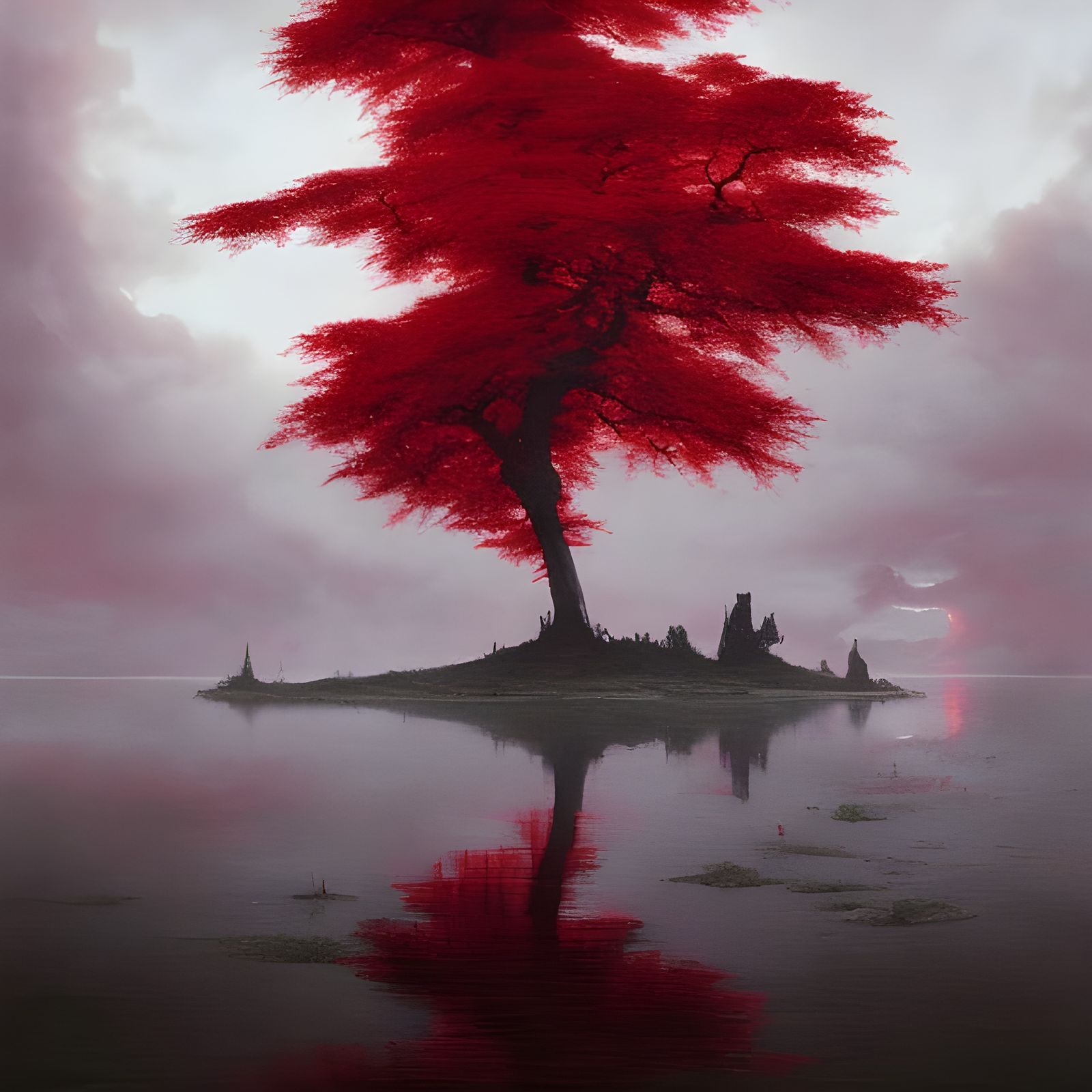 Red Sakura Tree on Lake of Blood, Hyperrealism