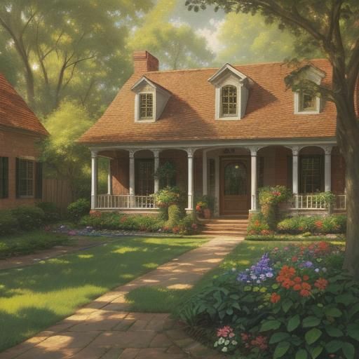 Impressionist English Cottage Scene in Warm Oil Colors