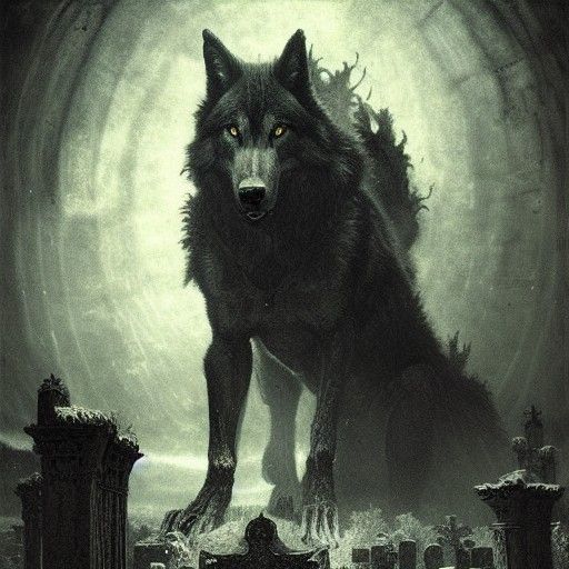Runed Wolf in Graveyard: Dark Horror Art