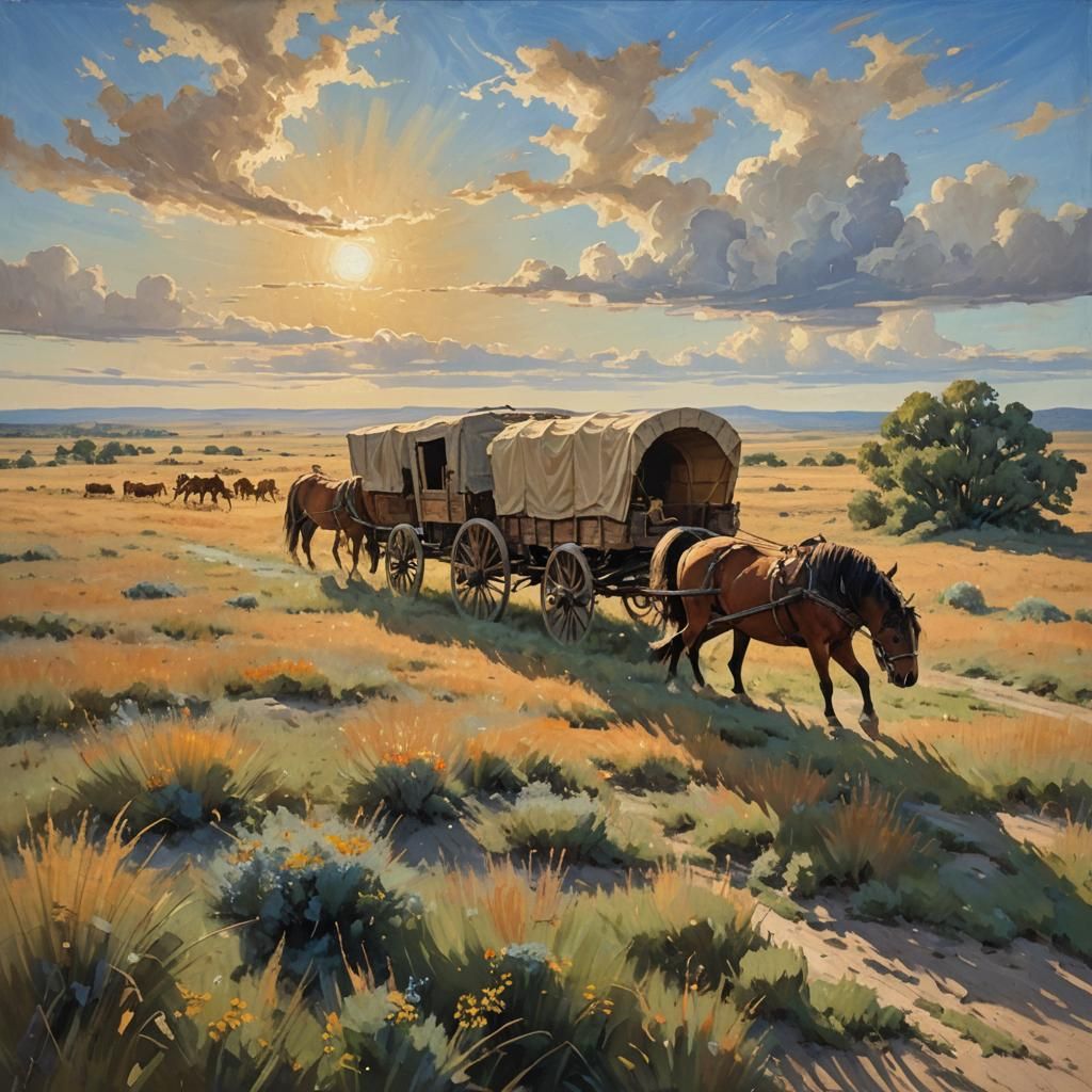 Prairie Covered Wagon in Impressionist Oil Painting