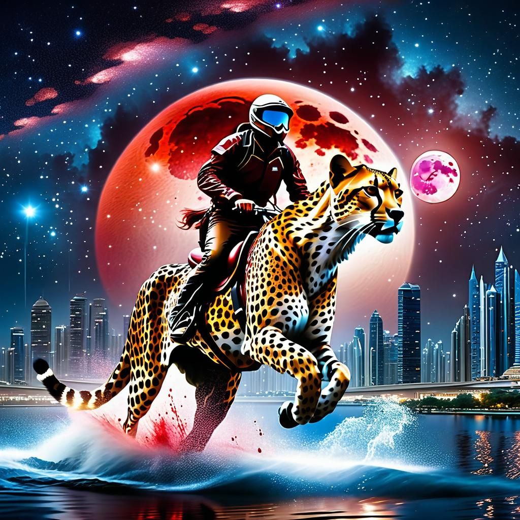 Cheetah Rider on Water in Futuristic Cityscape