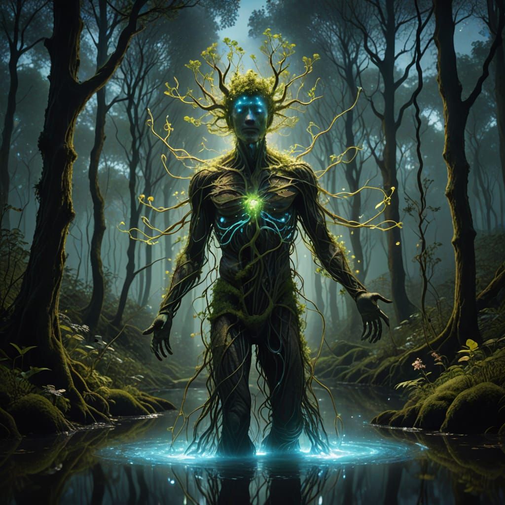 Ethereal Nature Being in a Bioluminescent Forest