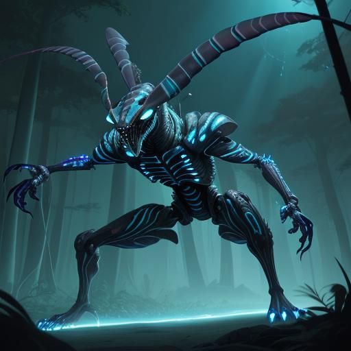 Athletic Alien with Bioluminescent Markings in Lush Forest