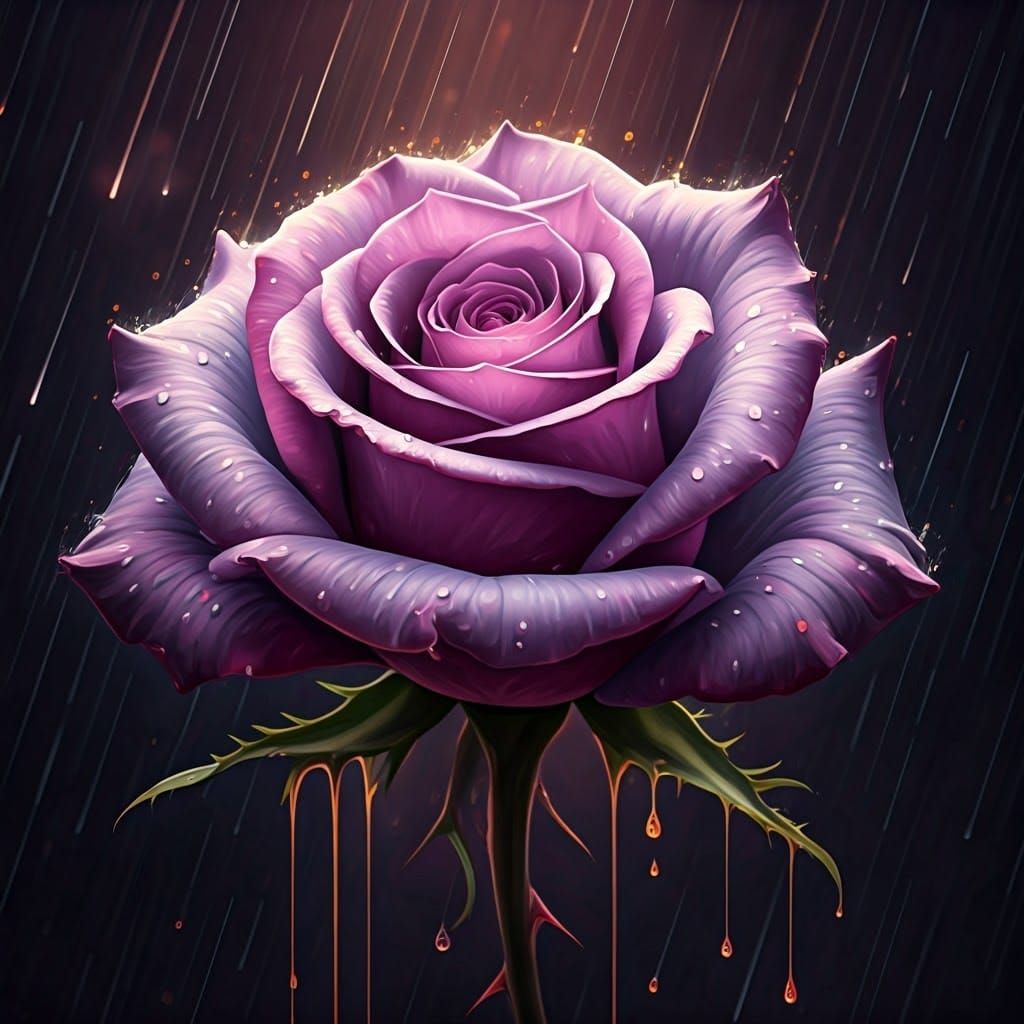 Velvety Purple Rose in Dripping Painting, Crimson Rain