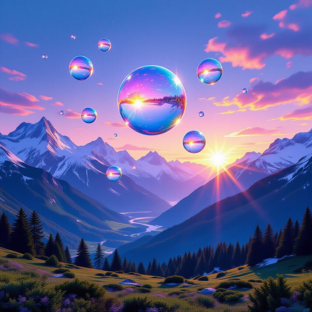 Translucent Spheres Above Valley at Sunrise, by Amaringo