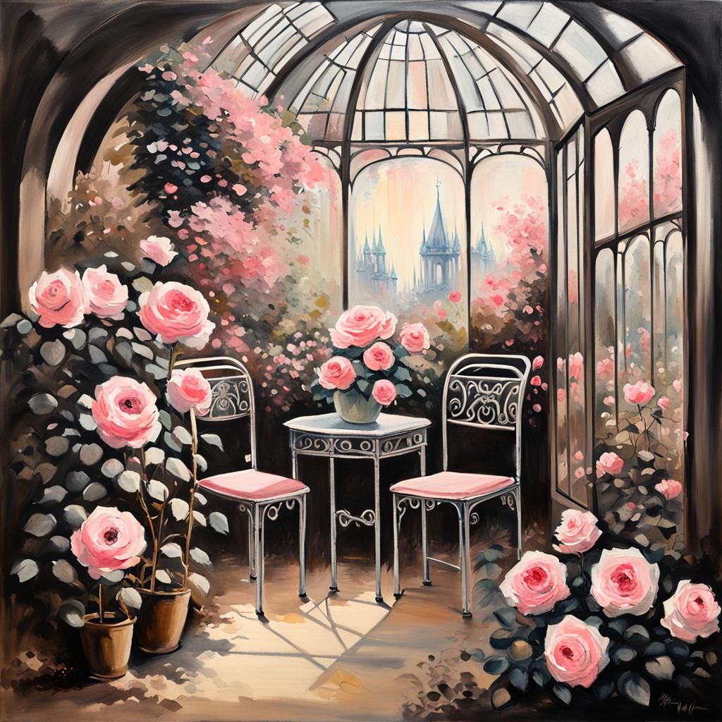 Pink Roses in Greenhouse: Modern Acrylic Flowerscape