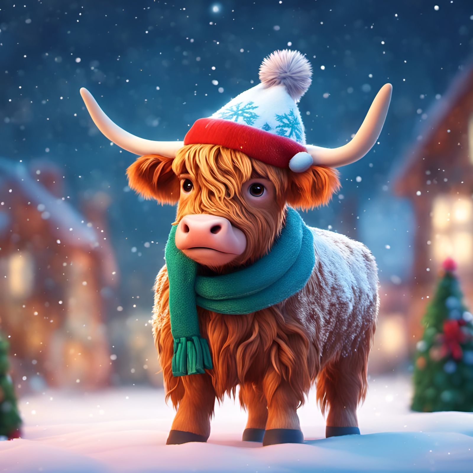 Festive Baby Highland Cow in Snowy Christmas Scene