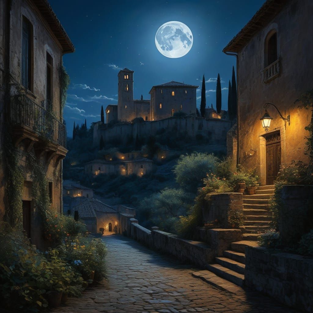 Moonlit Italian Hilltop Fortress in James Gurney Style