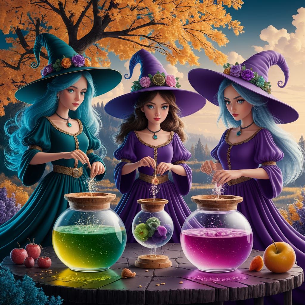 Three Nature Witches Crafting Potions in Golden Hour Light