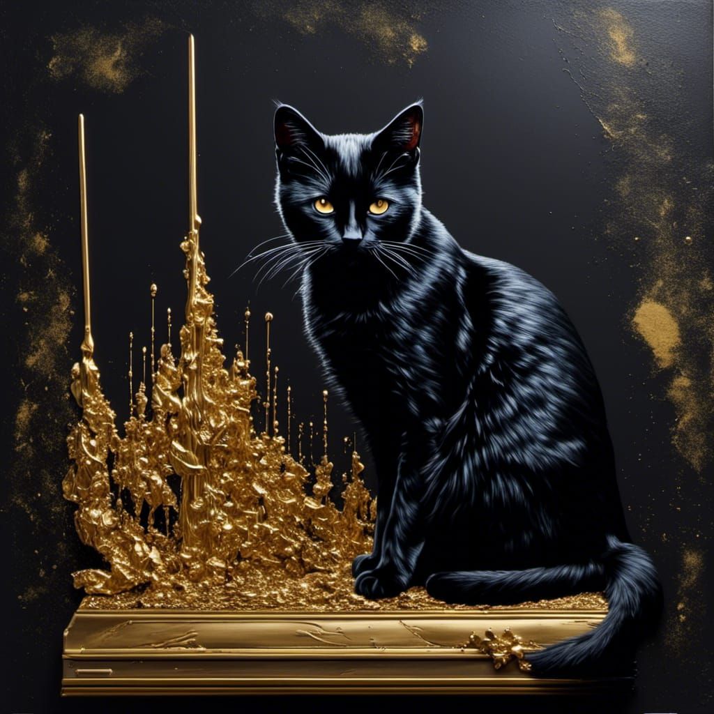 painting on an easel, a pitch black domestic black cat paint...