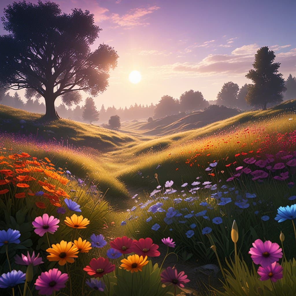 Giant's Shadow on Sunlit Meadow: Fantasy Art