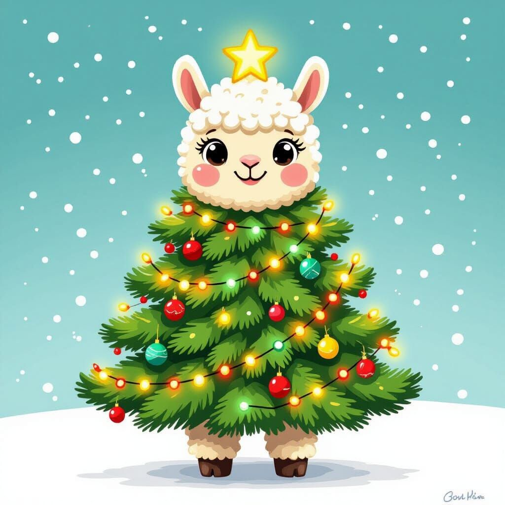 Festive Llama Christmas Tree Cartoon