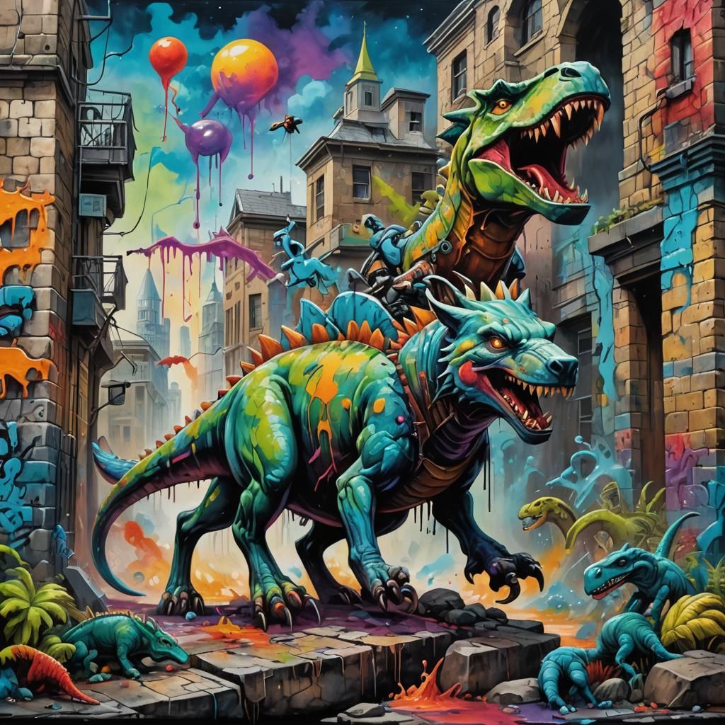 Surreal Graffiti: Wolf and Dinosaur Battle Ant