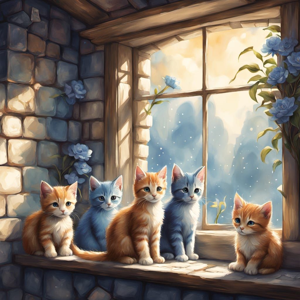Whimsical Kittens in Storybook Cottage Watercolour